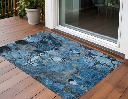 3' X 5' Blue and Gray Abstract Washable Indoor Outdoor Area Rug