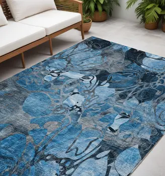 5' X 8' Blue And Gray Abstract Washable Indoor Outdoor Area Rug