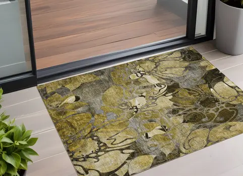 2' X 3' Green and Brown Abstract Washable Indoor Outdoor Area Rug