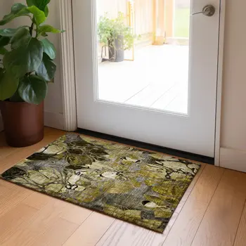 2' X 3' Green and Brown Abstract Washable Indoor Outdoor Area Rug