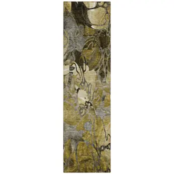 2' X 8' Green and Brown Abstract Washable Indoor Outdoor Runner Rug