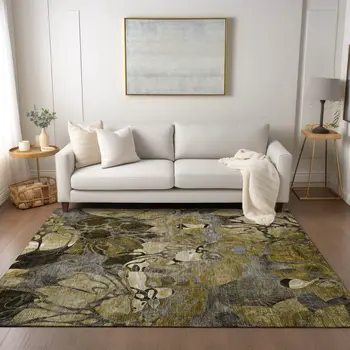 5' X 8' Green and Brown Abstract Washable Indoor Outdoor Area Rug