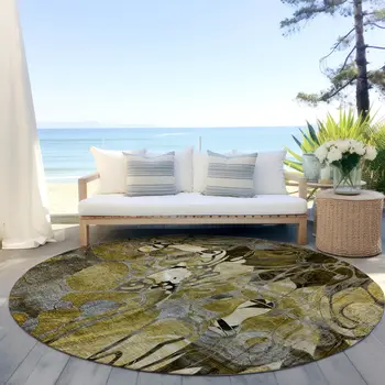 8' X 8' Green and Brown Round Abstract Washable Indoor Outdoor Area Rug