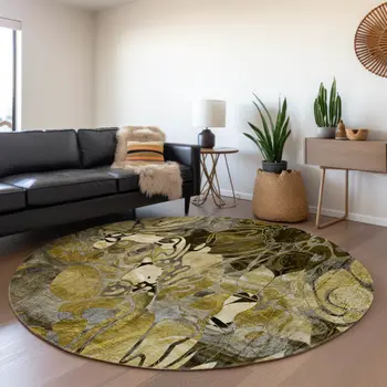 8' X 8' Green and Brown Round Abstract Washable Indoor Outdoor Area Rug