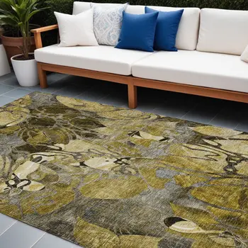 9' X 12' Green And Brown Floral Washable Indoor Outdoor Area Rug