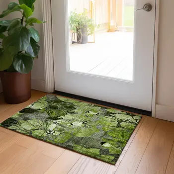 2' X 3' Fern Green and Gray Floral Washable Non Skid Indoor Outdoor Area Rug