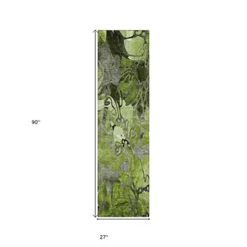 8' Runner Fern Green and Gray Floral Washable Non Skid Indoor Outdoor Runner Rug