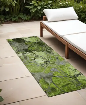 8' Runner Fern Green and Gray Floral Washable Non Skid Indoor Outdoor Runner Rug