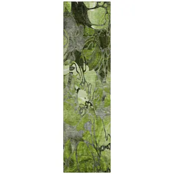 8' Runner Fern Green and Gray Floral Washable Non Skid Indoor Outdoor Runner Rug