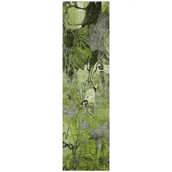 8' Runner Fern Green and Gray Floral Washable Non Skid Indoor Outdoor Runner Rug