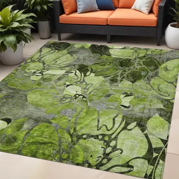 5' X 8' Fern Green and Gray Abstract Washable Indoor Outdoor Area Rug