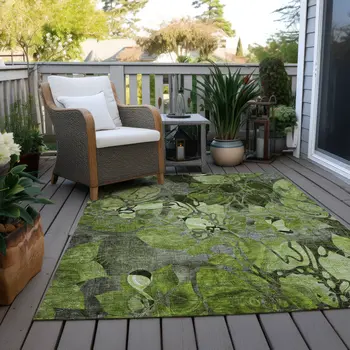 5' X 8' Fern Green and Gray Abstract Washable Indoor Outdoor Area Rug