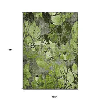 9' X 12' Fern Green And Gray Abstract Washable Indoor Outdoor Area Rug