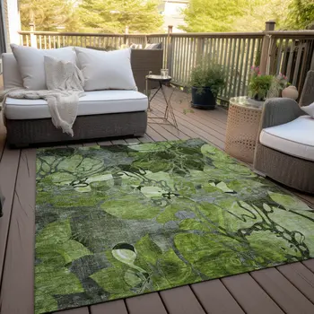 9' X 12' Fern Green And Gray Abstract Washable Indoor Outdoor Area Rug