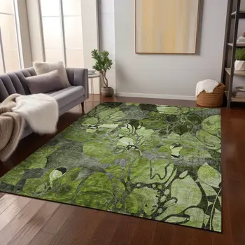 9' X 12' Fern Green And Gray Abstract Washable Indoor Outdoor Area Rug
