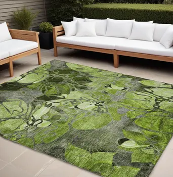 10' X 14' Fern Green and Gray Abstract Washable Indoor Outdoor Area Rug