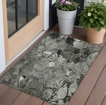 2' X 3' Gray Abstract Washable Indoor Outdoor Area Rug
