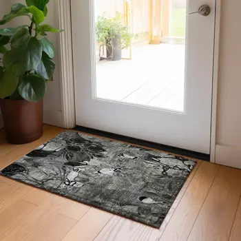 2' X 3' Gray Abstract Washable Indoor Outdoor Area Rug