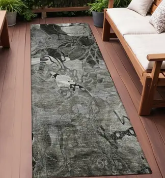 2' X 8' Gray Abstract Washable Indoor Outdoor Runner Rug