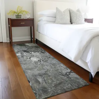 2' X 8' Gray Abstract Washable Indoor Outdoor Runner Rug
