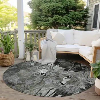 8' X 8' Gray Round Abstract Washable Indoor Outdoor Area Rug
