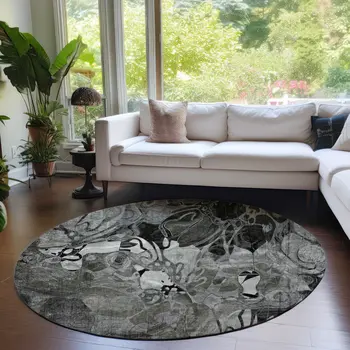 8' X 8' Gray Round Abstract Washable Indoor Outdoor Area Rug