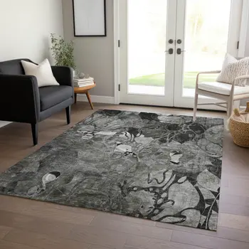 8' X 10' Gray Abstract Washable Indoor Outdoor Area Rug