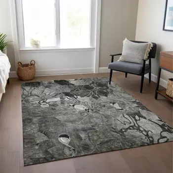 8' X 10' Gray Abstract Washable Indoor Outdoor Area Rug