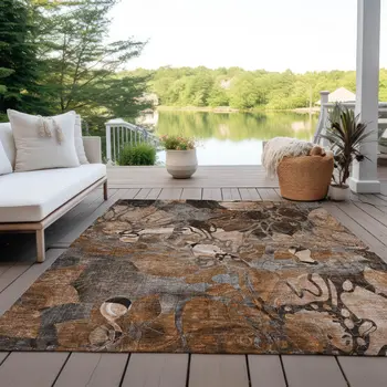 8' X 10' Chocolate Terracotta and Ivory Abstract Washable Indoor Outdoor Area Rug