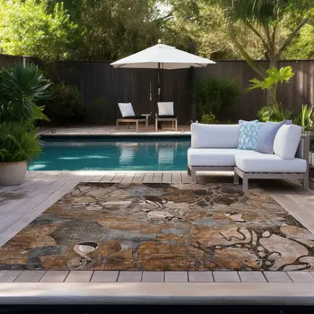 10' X 14' Chocolate Terracotta and Ivory Abstract Washable Indoor Outdoor Area Rug