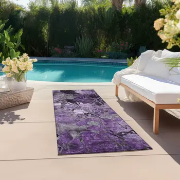 2' X 8' Purple Abstract Washable Indoor Outdoor Runner Rug