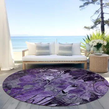 8' X 8' Purple Round Abstract Washable Indoor Outdoor Area Rug