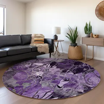 8' X 8' Purple Round Abstract Washable Indoor Outdoor Area Rug