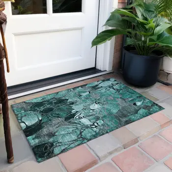 2' X 3' Teal Black and Gray Abstract Washable Indoor Outdoor Area Rug