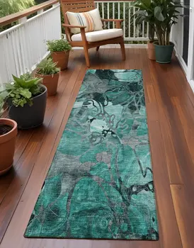2' X 8' Teal Black and Gray Abstract Washable Indoor Outdoor Runner Rug