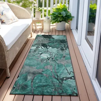 2' X 8' Teal Black and Gray Abstract Washable Indoor Outdoor Runner Rug