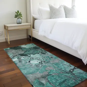 2' X 8' Teal Black and Gray Abstract Washable Indoor Outdoor Runner Rug