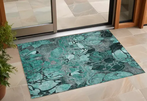 3' X 5' Teal Black and Gray Abstract Washable Indoor Outdoor Area Rug