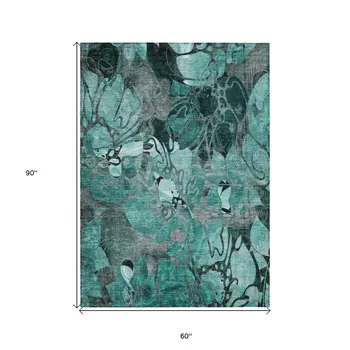 5' X 8' Teal Black and Gray Abstract Washable Indoor Outdoor Area Rug