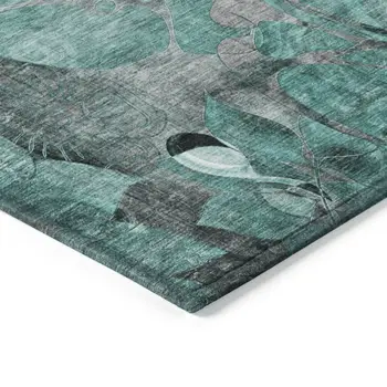 8' X 8' Teal Black and Gray Round Abstract Washable Indoor Outdoor Area Rug