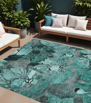 9' X 12' Teal Blue Black And Gray Abstract Washable Indoor Outdoor Area Rug