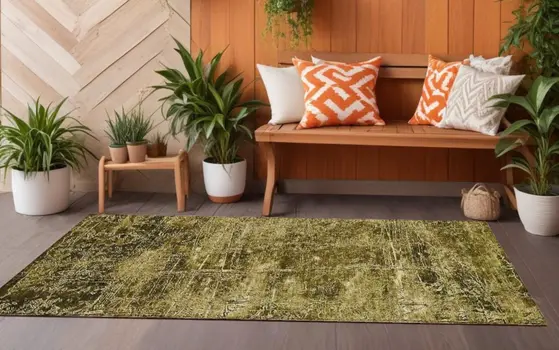 8' Runner Green Abstract Washable Non Skid Indoor Outdoor Runner Rug