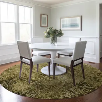 8' Green Round Abstract Washable Indoor Outdoor Area Rug