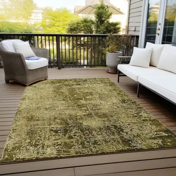 10' X 14' Green Abstract Washable Non Skid Indoor Outdoor Area Rug