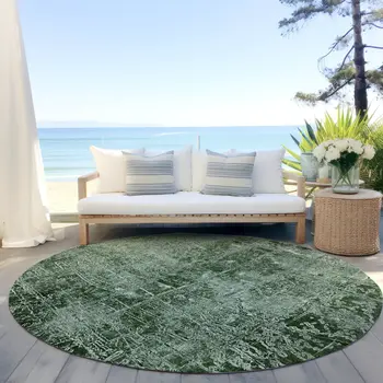 8' Round Emerald Round Abstract Washable Non Skid Indoor Outdoor Area Rug