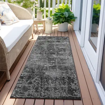 8' Runner Gray Abstract Washable Non Skid Indoor Outdoor Runner Rug