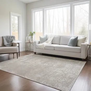9' X 12' Ivory Abstract Washable Non Skid Indoor Outdoor Area Rug