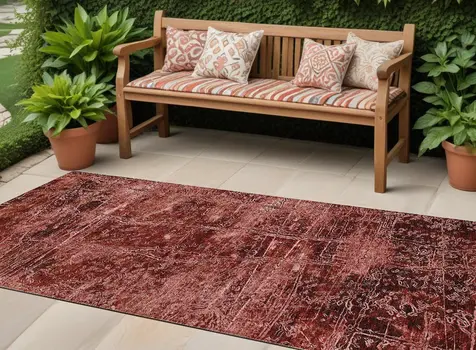8' Runner Merlot Abstract Washable Non Skid Indoor Outdoor Runner Rug