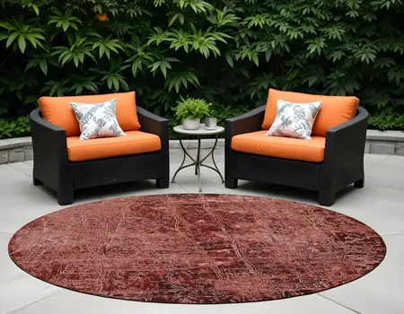 8' Round Merlot Round Abstract Washable Non Skid Indoor Outdoor Area Rug
