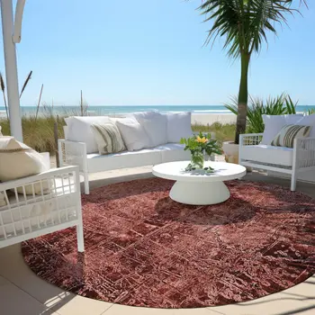 8' Round Merlot Round Abstract Washable Non Skid Indoor Outdoor Area Rug